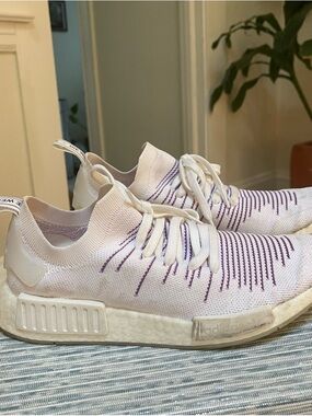 Adidas NMD R1 Primeknit Womens 9.5 White Purple Boost Sneakers Running Shoes